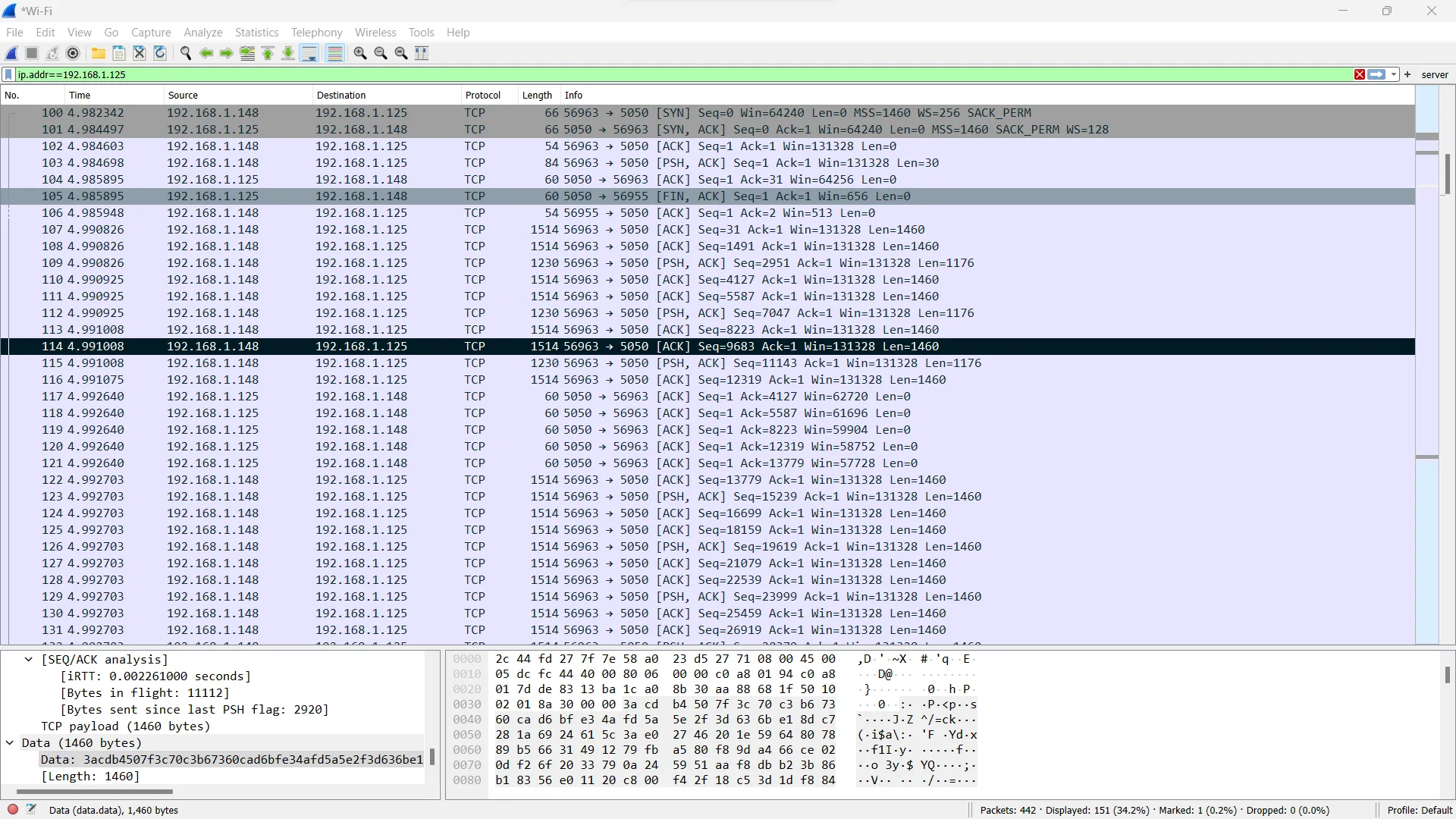 Wireshark to the server, content packet